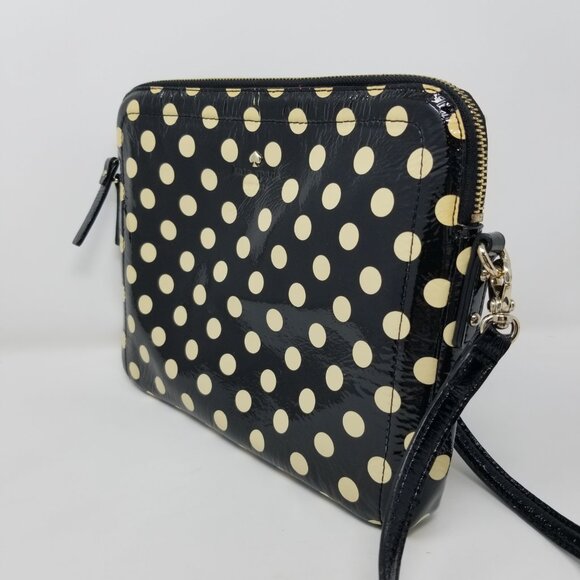 KATE SPADE Black & Cream Polka Dot Patent Leather Round Square Crossbody Bag - Picture 10 of 14